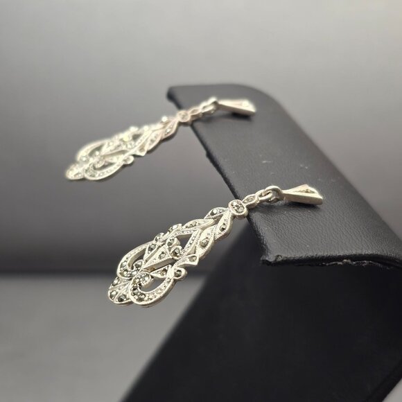 VTG Sterling Silver Marcasite Filigree Drop Earrings 1.5" Art Deco Signed SU - Picture 2 of 6